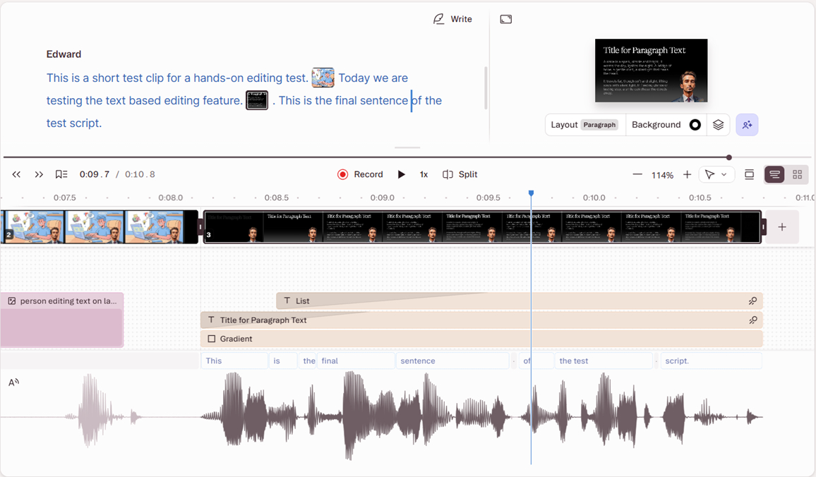 Descript timeline showing the residual gap marker in the transcript alongside the word-by-word waveform breakdown used for text-based editing