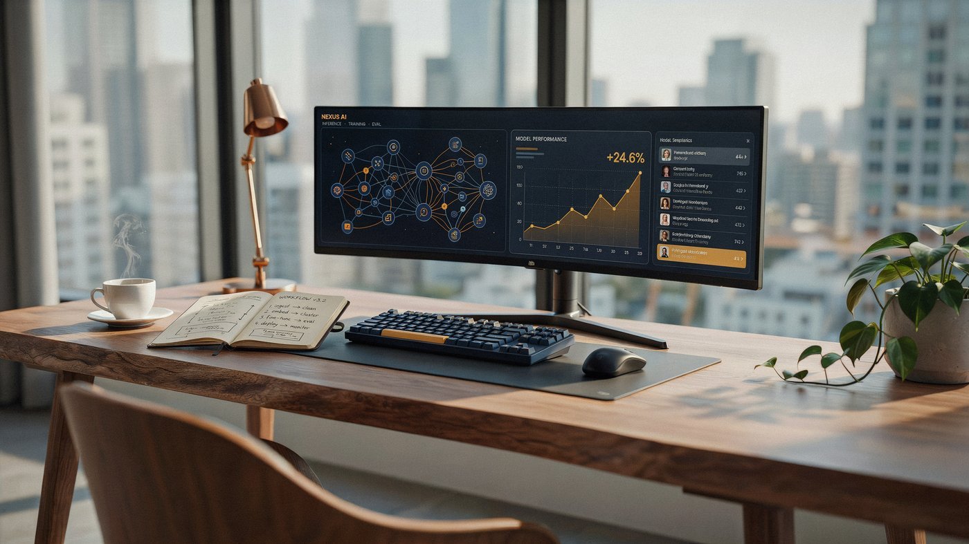 Ideogram-generated photorealistic AI workspace desk scene with walnut desk, ultra-wide monitor, and navy and gold accents