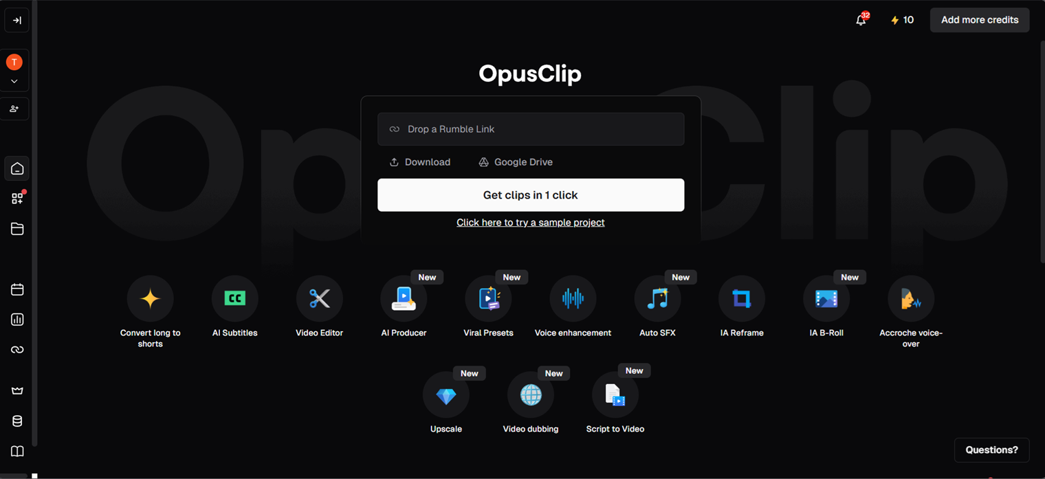 Opus Clip's main interface showing the drop-a-link input and the full set of AI tools: AI Subtitles, Video Editor, AI Producer, Viral Presets, Auto SFX, IA Reframe, and more