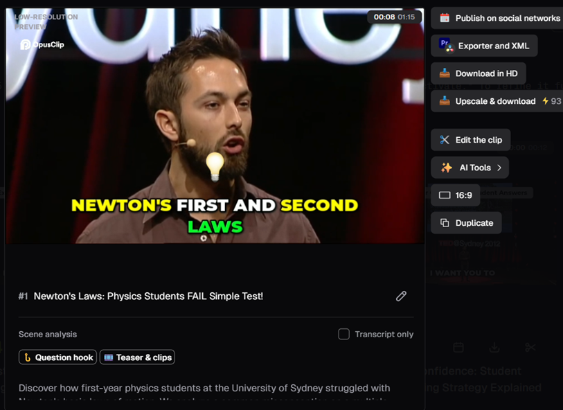 Opus Clip's clip editor showing the top-scored clip with burned-in word-level subtitles, plus the export panel: Publish on social networks, Download in HD, Upscale and download, Edit the clip