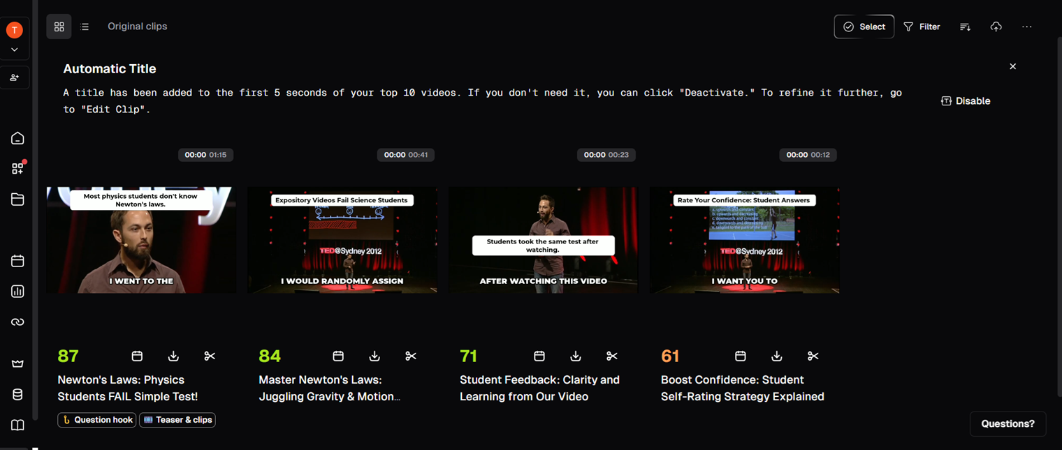 Opus Clip's results screen showing 4 auto-generated clips with virality scores of 87, 84, 71, and 61, plus auto-generated titles and hook tags