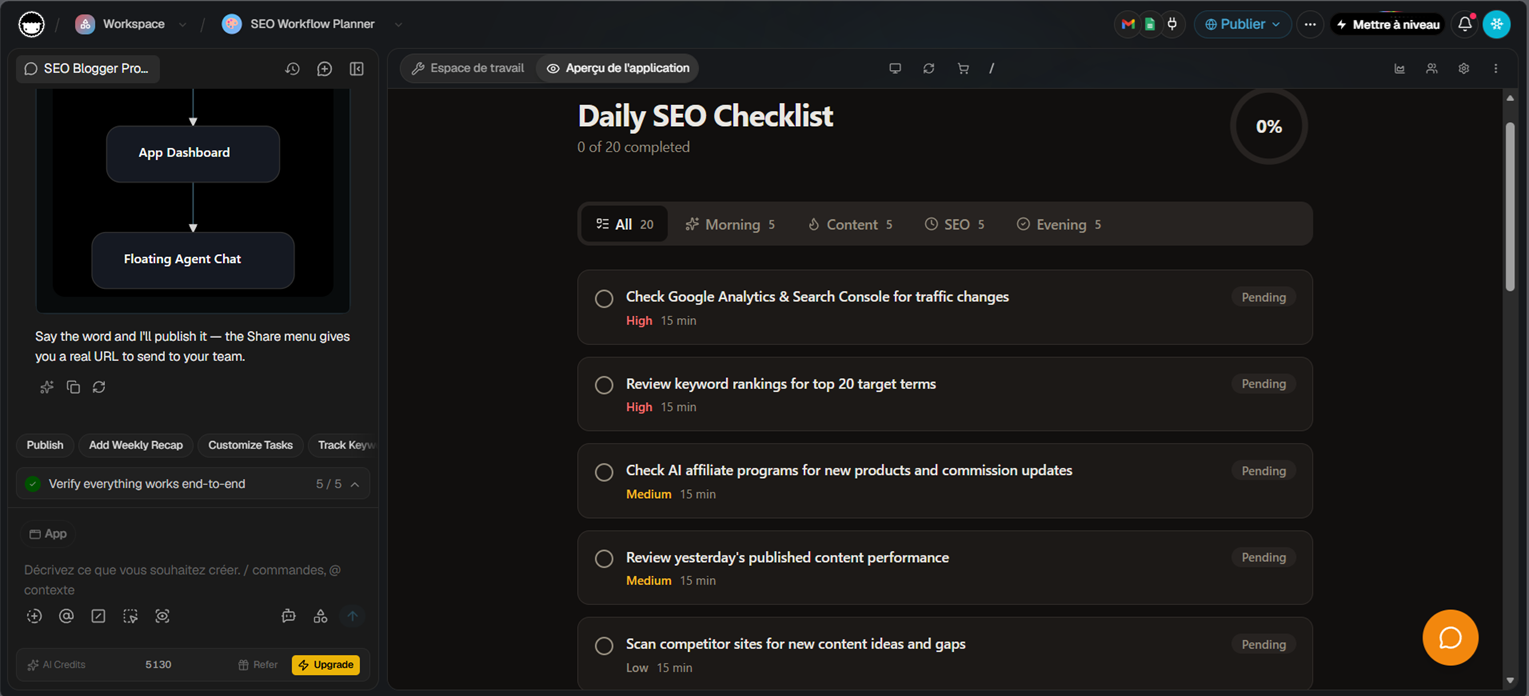 Taskade AI-generated Daily SEO Checklist app with Morning, Content, SEO, and Evening tabs and priority tags