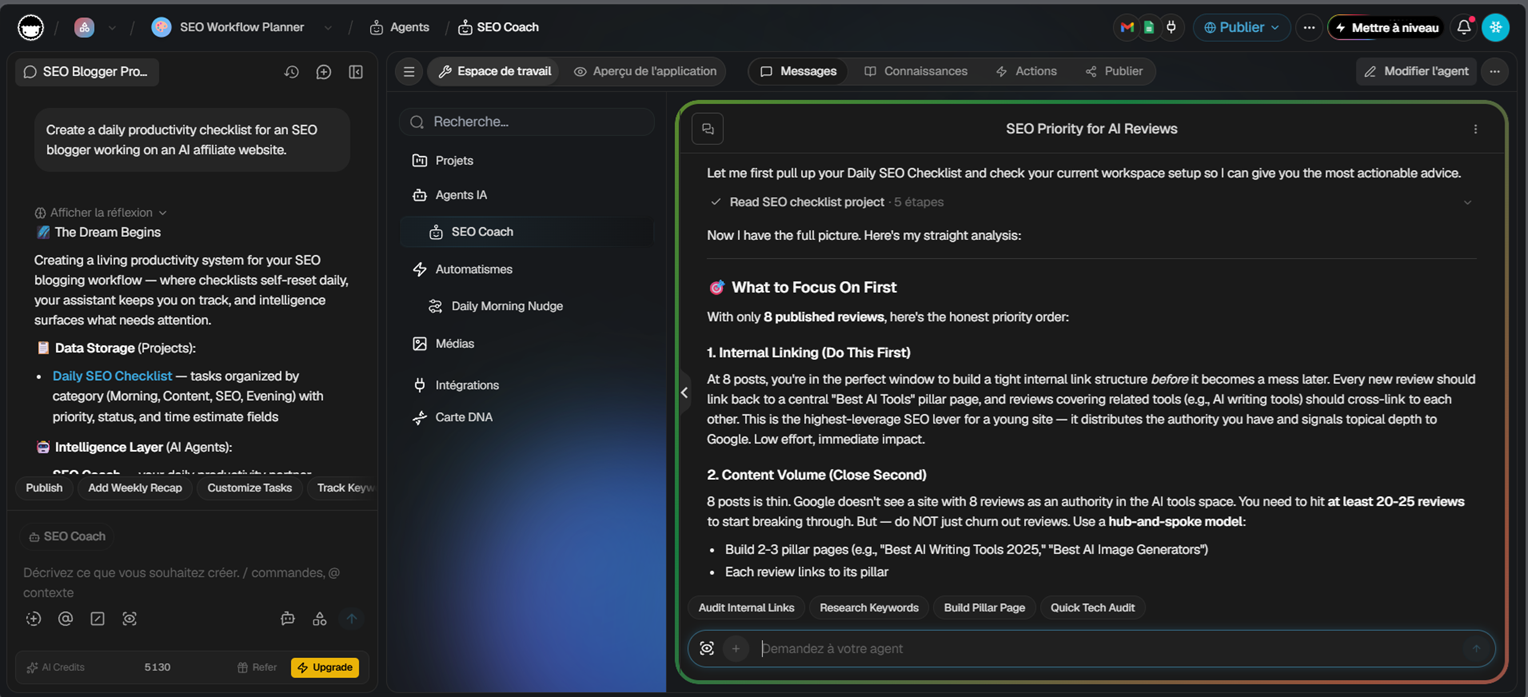 Taskade's built-in SEO Coach AI agent giving prioritized SEO advice for an 8-review affiliate website