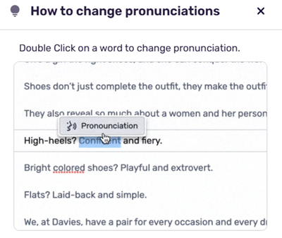 Murf AI's pronunciation tool, showing how to double-click a word to change its pronunciation, applied to our own test script