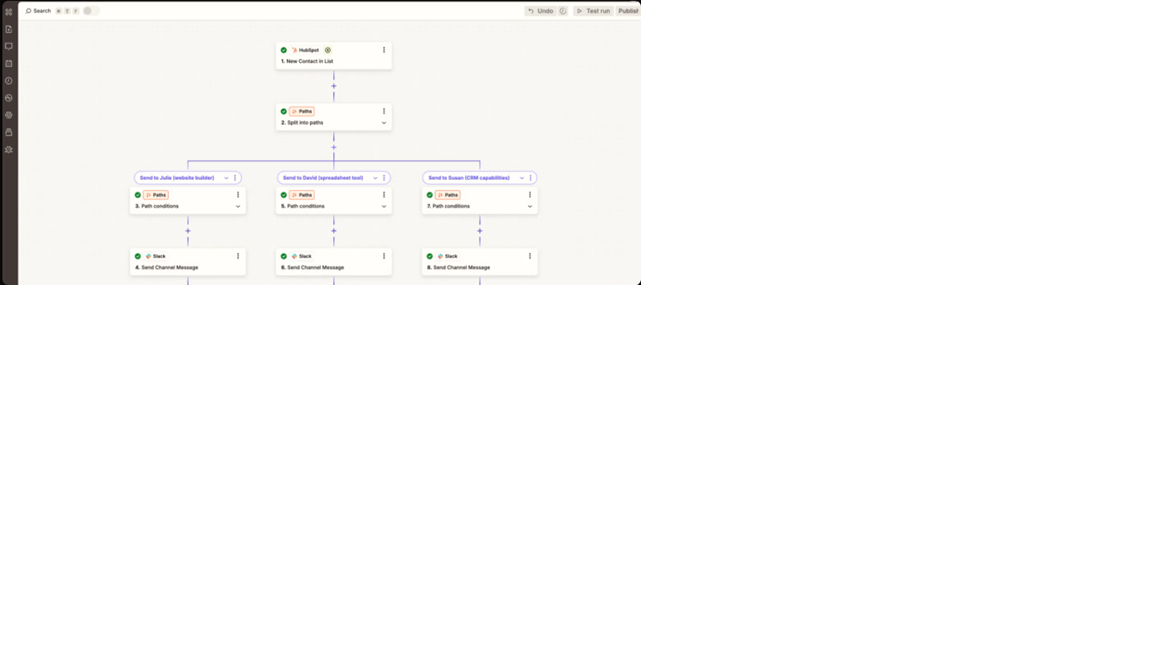 Zapier Copilot-generated Zap showing a HubSpot new contact trigger, a Paths step splitting into 3 branches, and a Slack message action on each branch