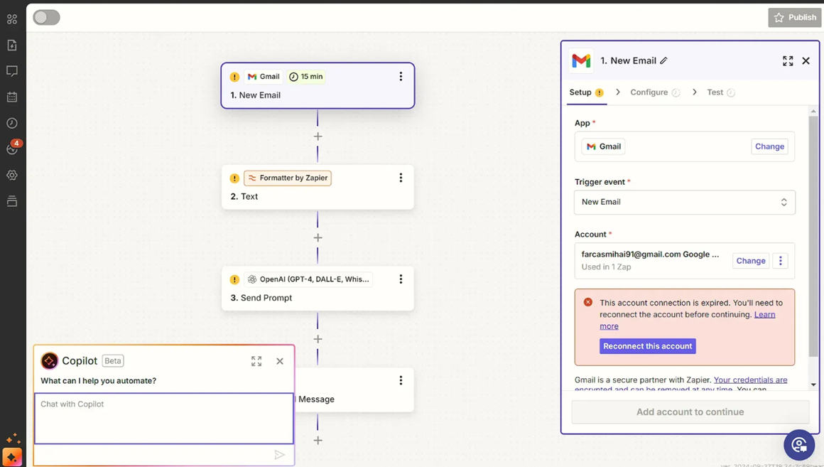 Zapier Copilot-generated Zap with a Gmail trigger, a Formatter by Zapier step, and an OpenAI GPT-4 step, with the Copilot chat panel open and a warning that the Gmail account connection expired