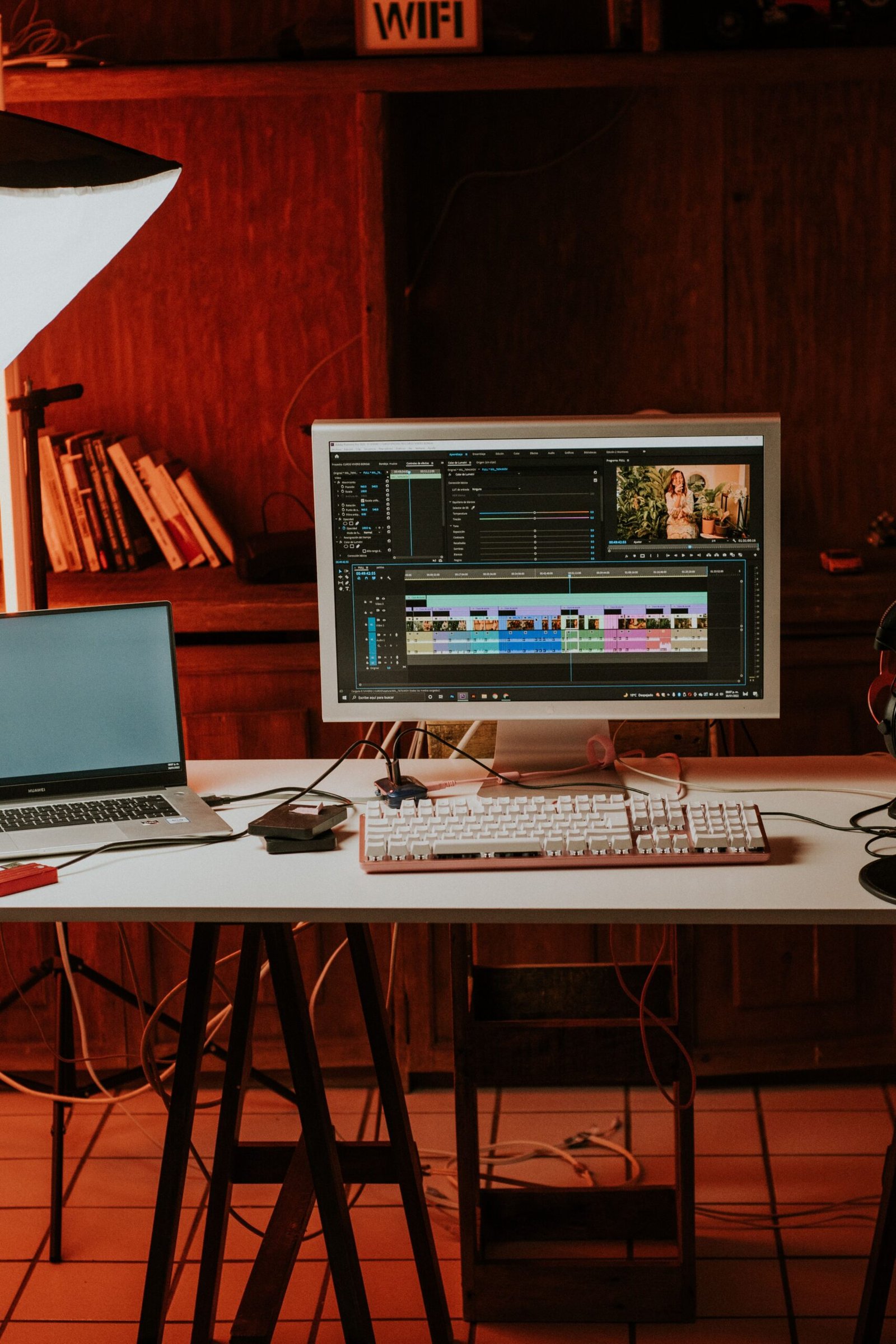 Abstract navy and gold toned image of a video editing workstation representing Alibaba's Wan3.0 AI video model