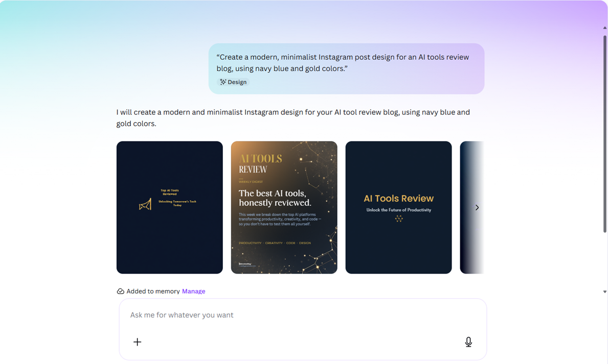 Canva Magic Design generating four navy-and-gold Instagram post designs for an AI tools review blog from a single text prompt
