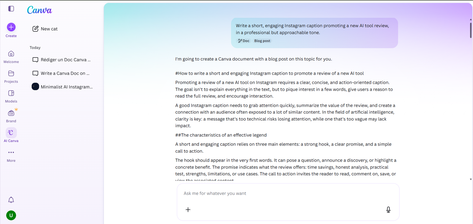 Canva's AI writing assistant misreading a request for a short Instagram caption and generating a long-form document about how to write captions instead