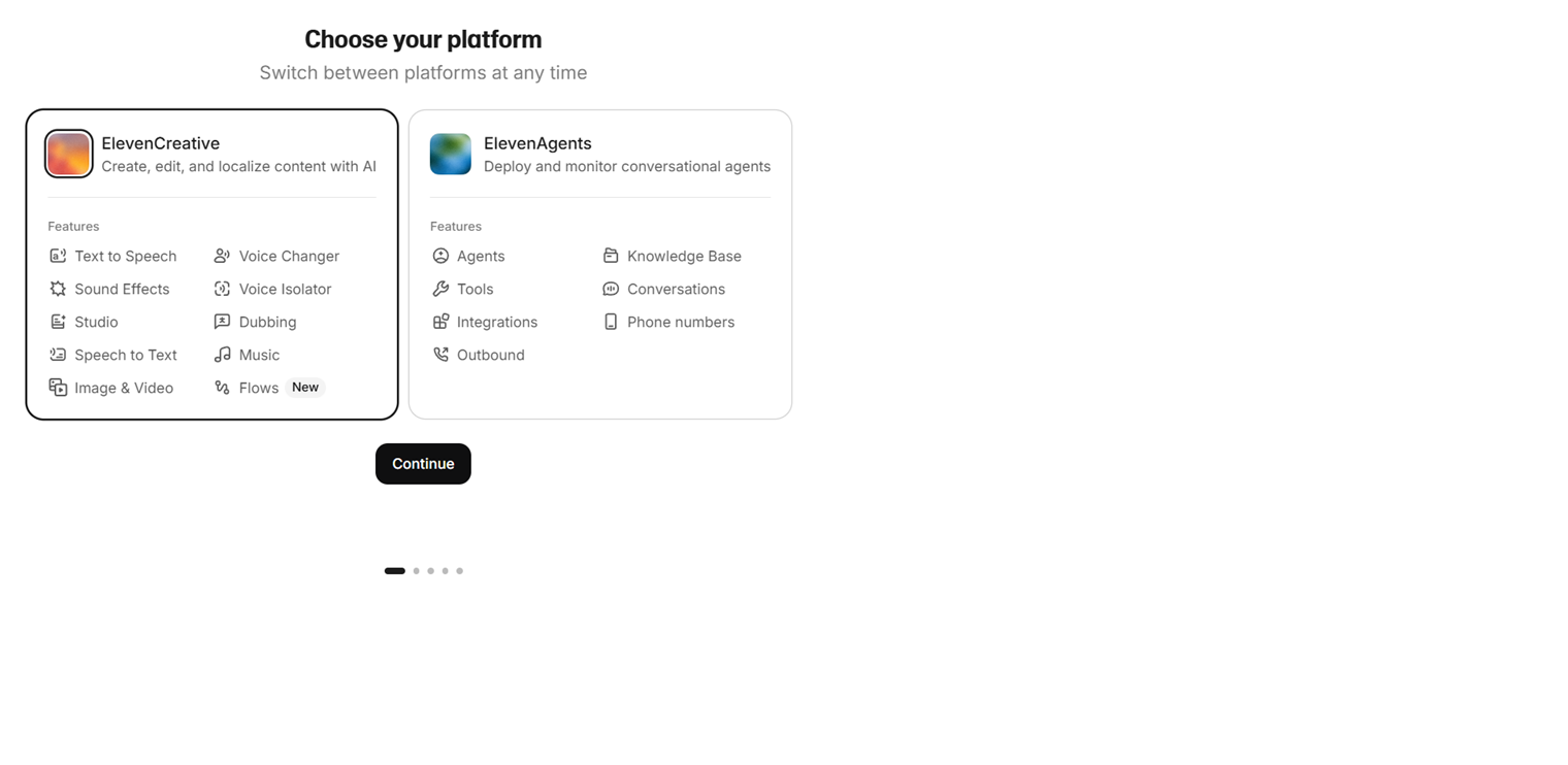 ElevenLabs' platform selection screen, shown when starting a new project in our test account