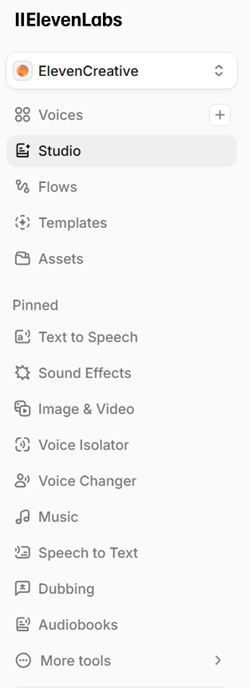 ElevenLabs' main navigation menu, showing the range of products available (speech, dubbing, sound effects, and more) in our test account