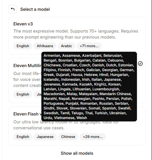 ElevenLabs' multi-language support shown in our test account