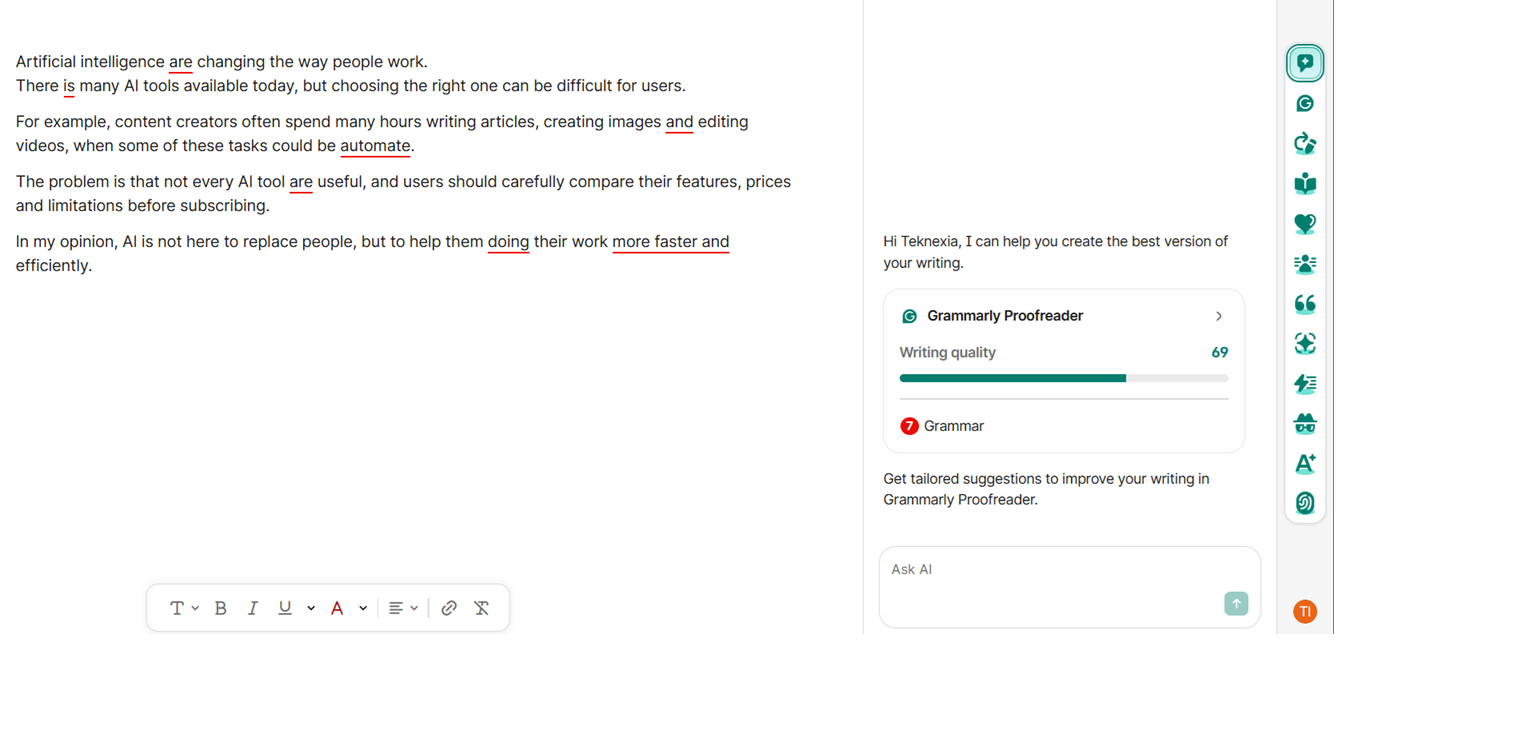 Grammarly's proofreading interface showing our test document with grammar errors underlined, a writing quality score of 69, and 7 grammar issues flagged, in our own test account