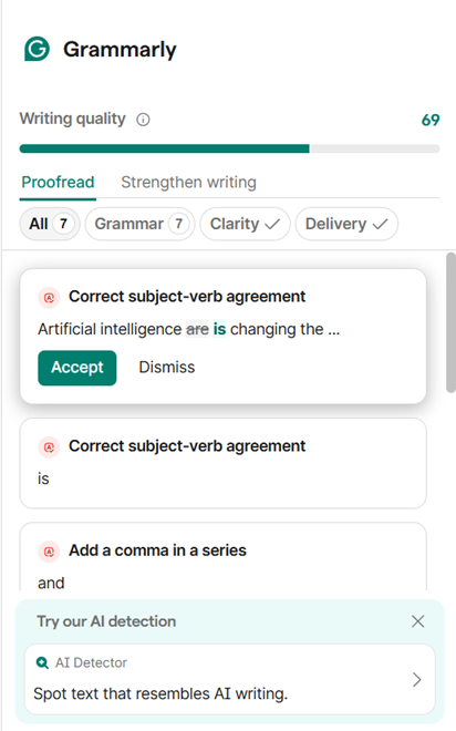 Grammarly's suggestions panel showing correction cards and a 'Try our AI detection' upgrade prompt appearing inside the same panel, in our test account