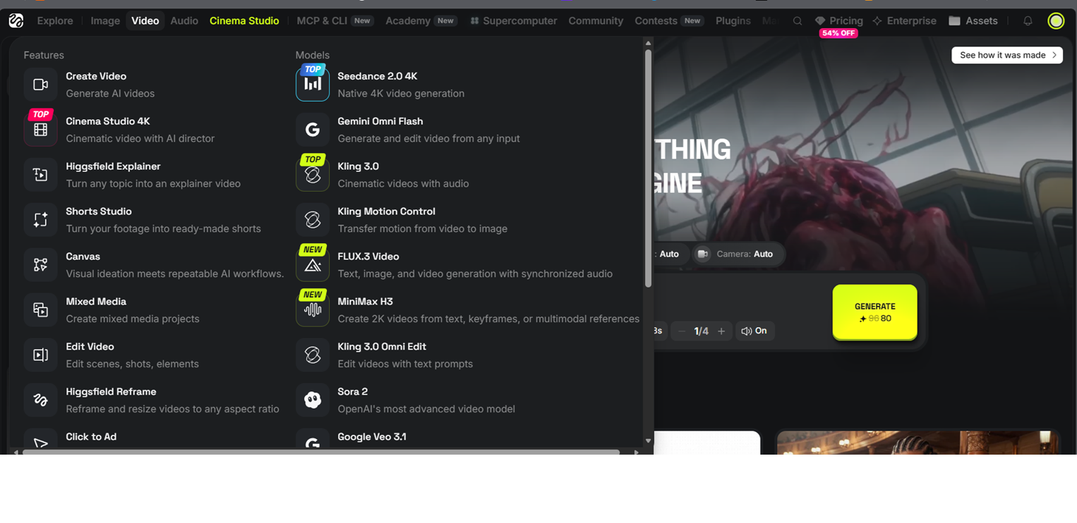 Higgsfield's Video tab open, showing the Features list (Create Video, Cinema Studio 4K, Shorts Studio, Canvas) and Models list (Seedance 2.0 4K, Kling 3.0, Sora 2, Google Veo 3.1) with camera and audio settings visible