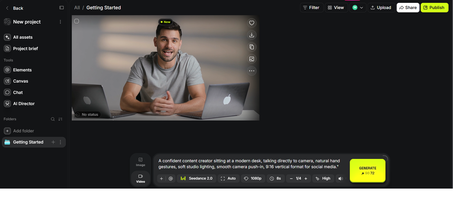 A generated 9:16 vertical video of a man talking to camera at a desk, shown inside a Higgsfield project workspace, with the Seedance 2.0 model, 1080p, 8s, High quality settings and a credit cost of 72 visible