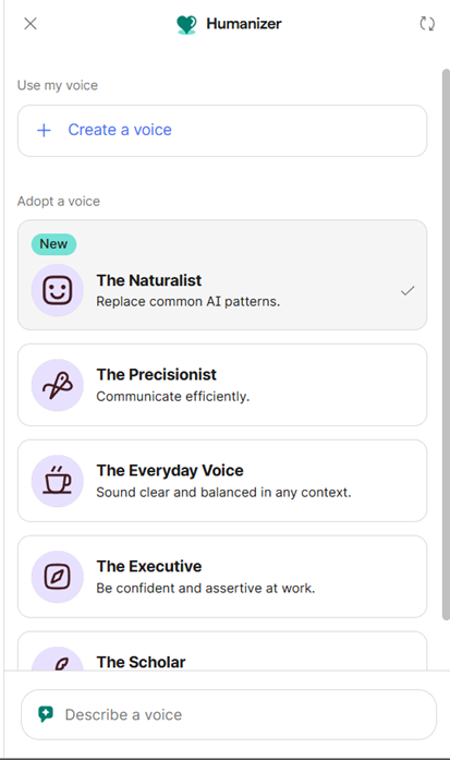 Grammarly's Humanizer tool showing five preset voice styles: The Naturalist, The Precisionist, The Everyday Voice, The Executive, and The Scholar, in our test account