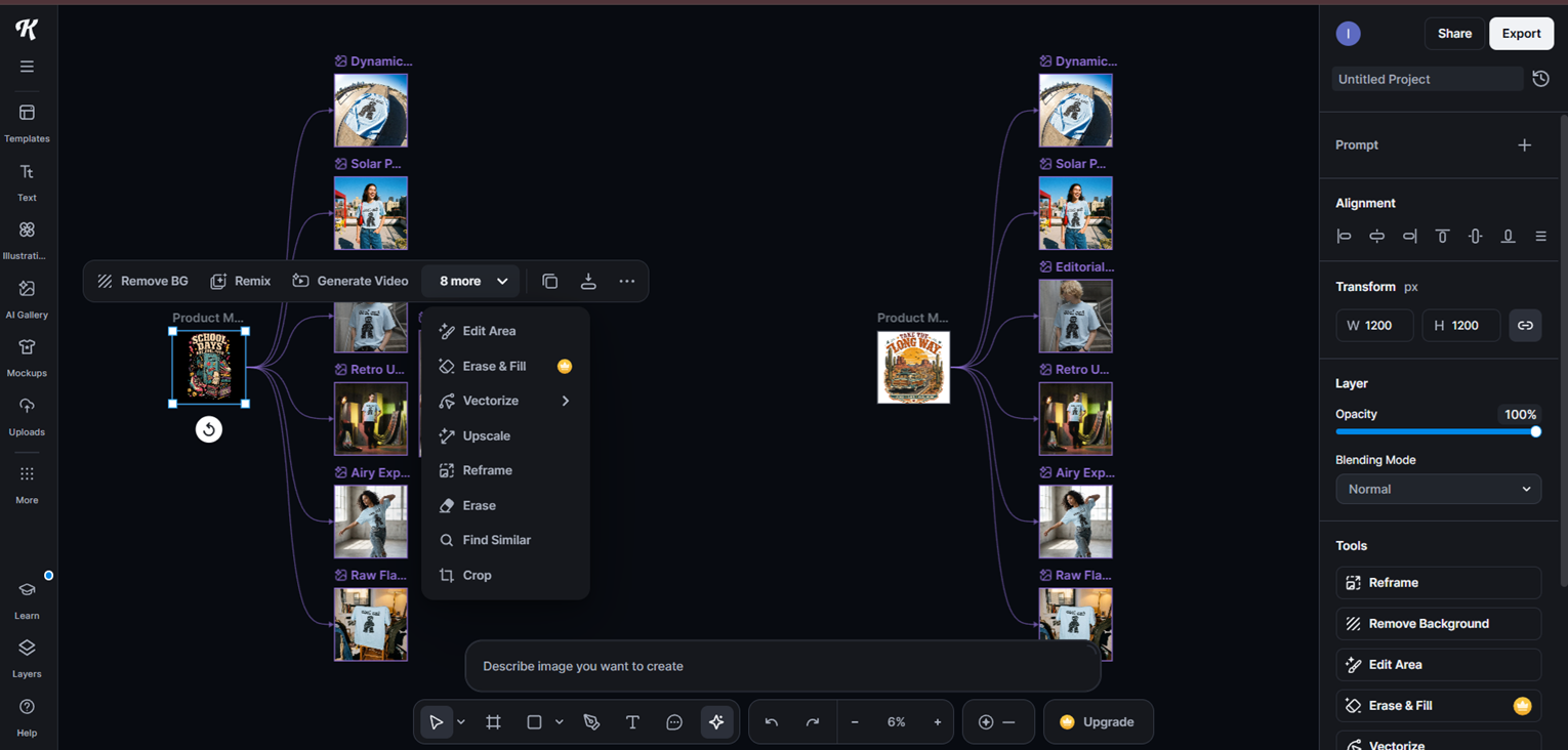 Kittl's project editor showing an AI-generated graphic branching into product mockup variations on t-shirts in two colorways, with tools like Remix, Vectorize, Upscale, and Reframe available in the canvas