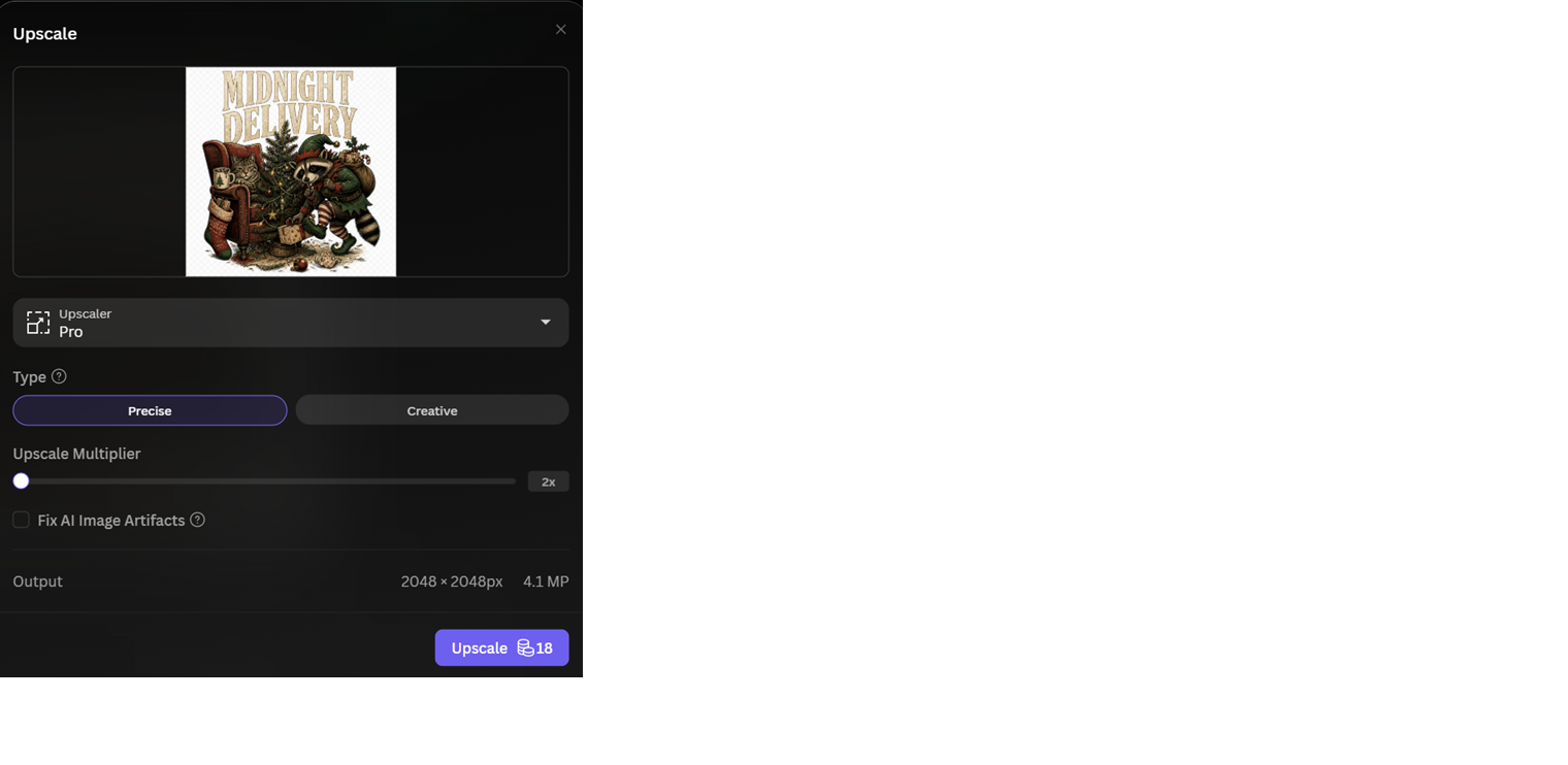 Leonardo AI&rsquo;s Upscale tool applied to our own &ldquo;Midnight Delivery&rdquo; test generation, captured from our test account