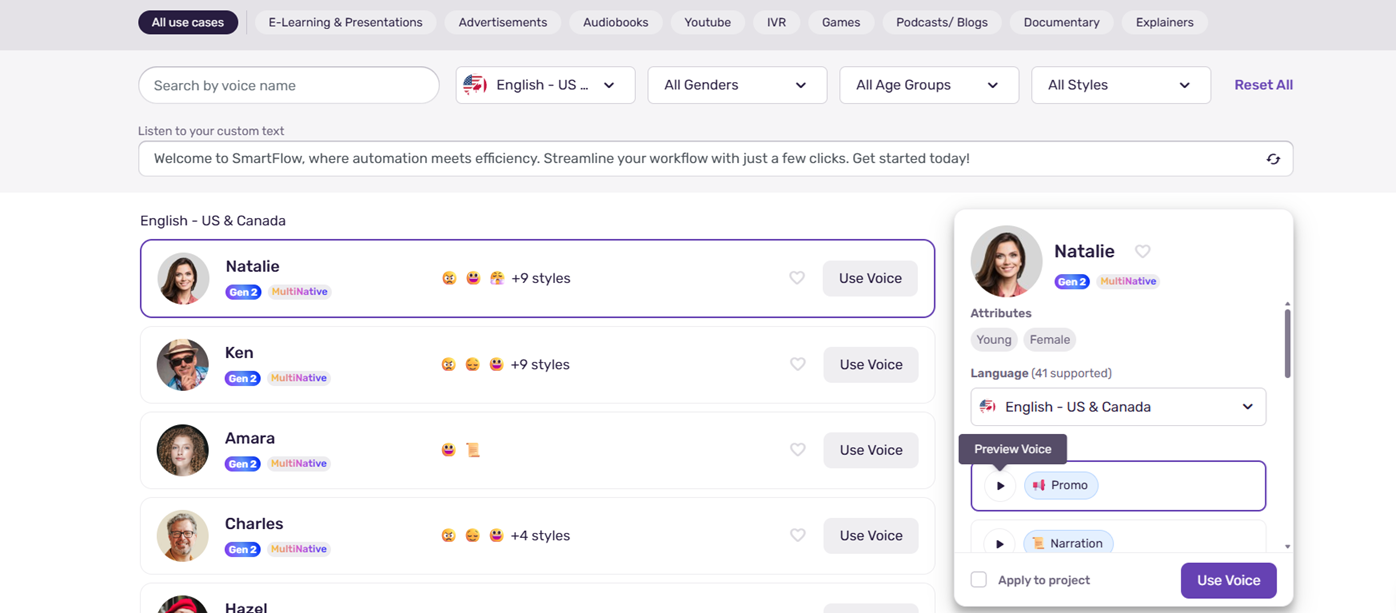 Murf AI's voice library, showing filters by language, gender, age, and style, plus a voice detail panel listing 41 supported languages for the selected voice, in our test account