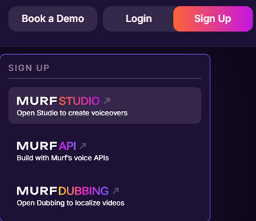 Murf AI's product menu before signing up, listing Murf Studio, Murf API, and Murf Dubbing