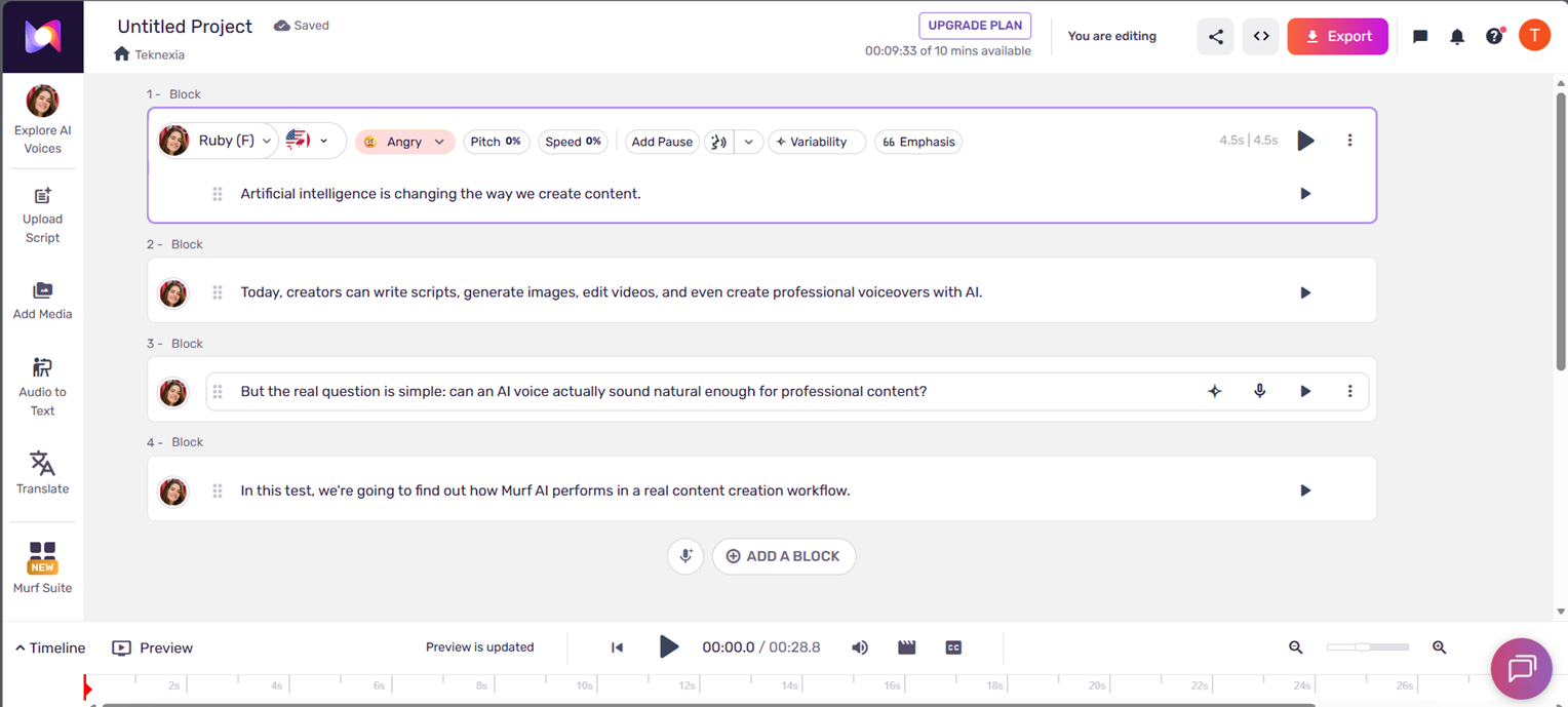 Murf AI's script editor showing our test script in four blocks, the Ruby voice selected with pitch, speed, and emphasis controls, and 9:33 of 10 minutes available on the free plan