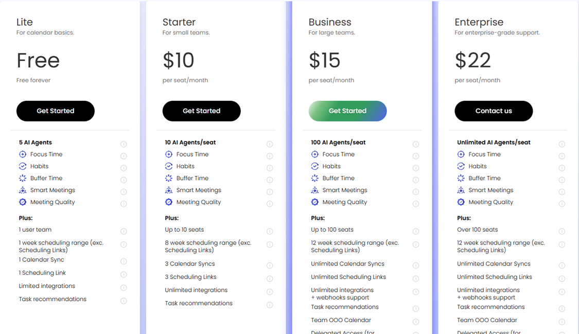 Reclaim.ai pricing page showing Lite free plan, Starter at $10 per seat per month, Business at $15 per seat per month, and Enterprise at $22 per seat per month