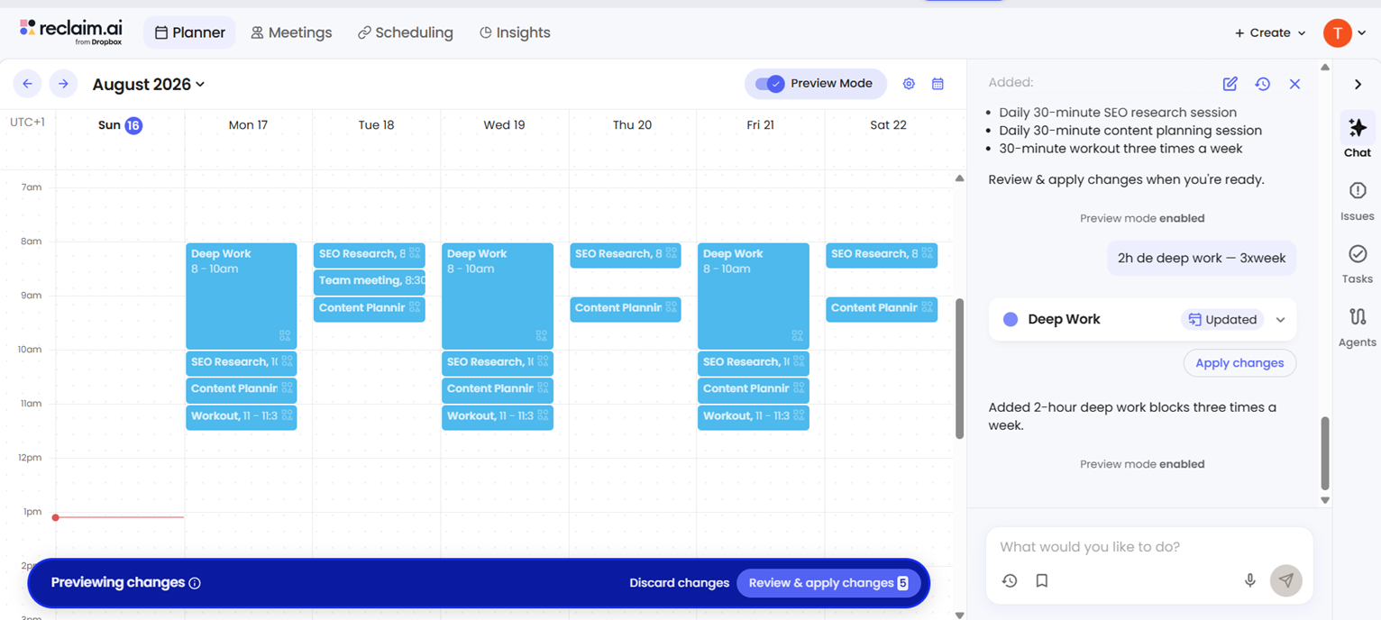 Reclaim.ai planner in Preview Mode showing daily SEO research, content planning, workout, and deep work blocks proposed across the week, with a Review and apply changes button