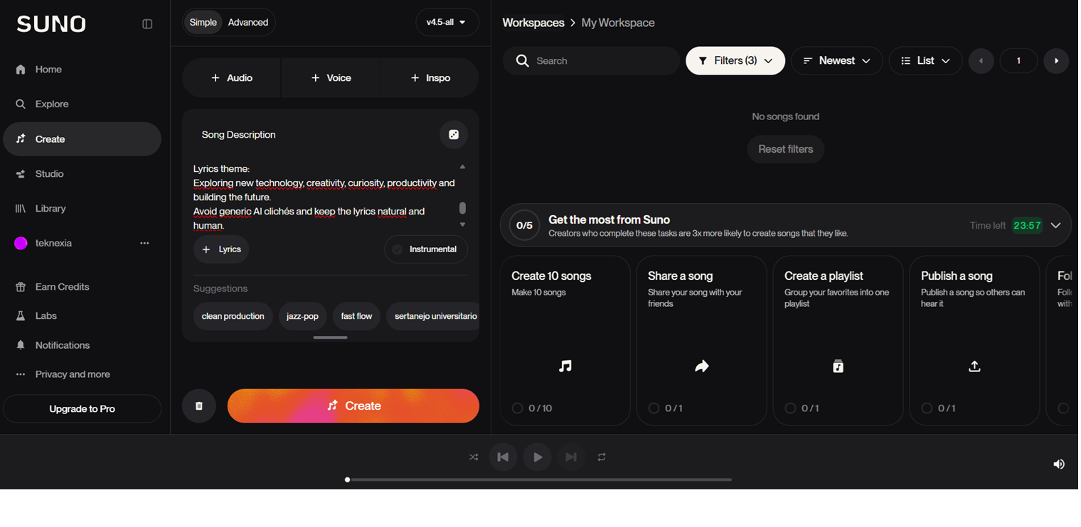 Suno's generation screen showing our completed test track, generated from a detailed prompt for an uplifting cinematic electronic song with a full verse-chorus-bridge structure