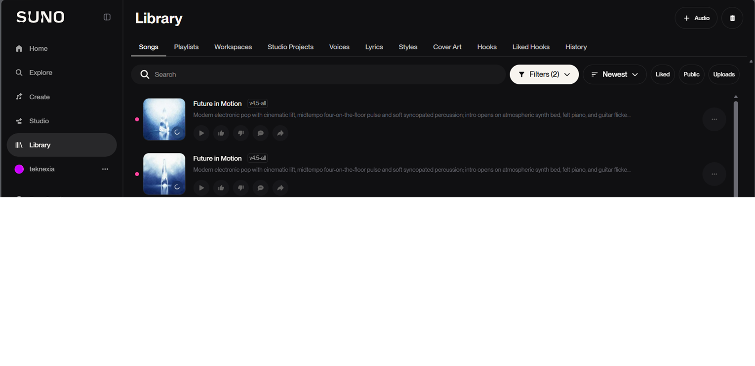 Suno's library view showing our generated test track saved and organized alongside other songs in the account