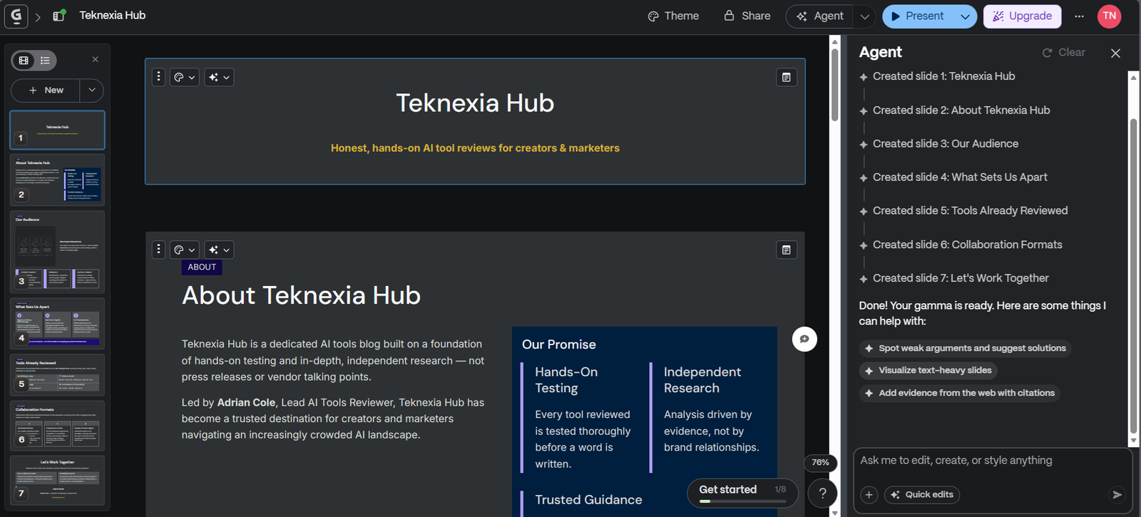The completed Gamma presentation for Teknexia Hub, showing a dark navy and gold themed title slide and an About section with a two-column layout, generated from the original prompt