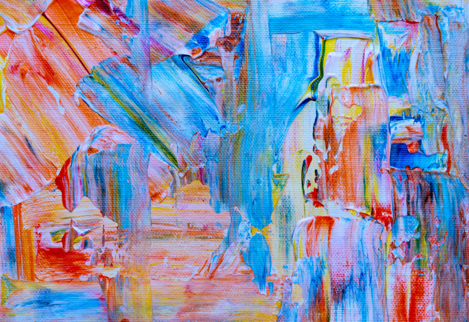 Abstract navy and gold toned image of colorful acrylic paint strokes, representing the Midjourney alpha update