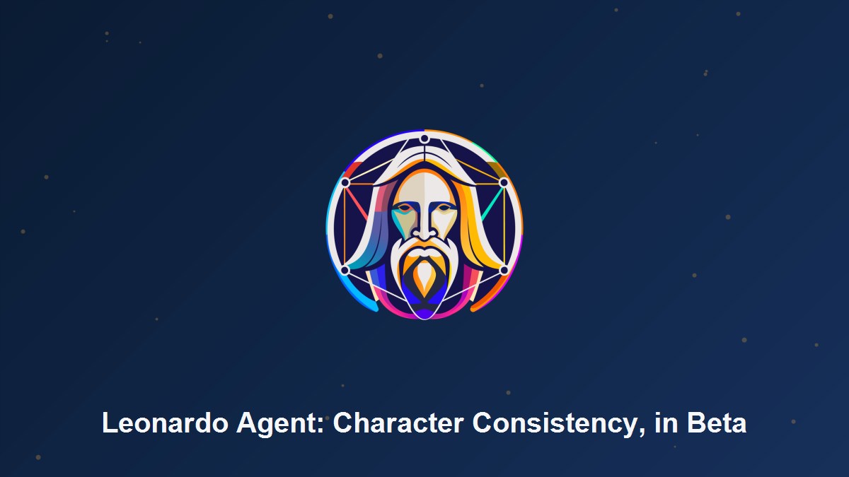 Leonardo.Ai logo on a navy and gold card captioned Leonardo Agent: Character Consistency, in Beta