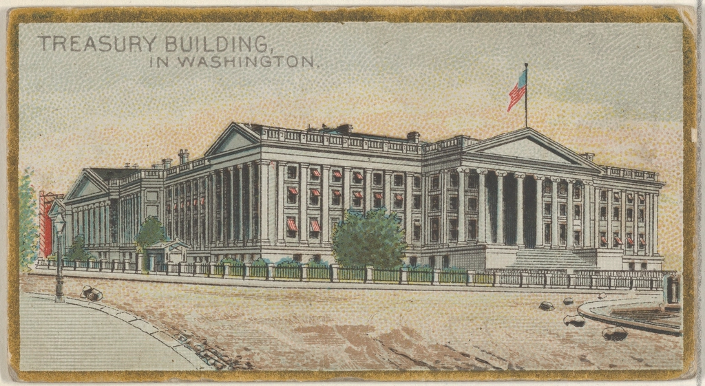 Vintage-style illustration of the Treasury Building in Washington, representing a federal government policy change