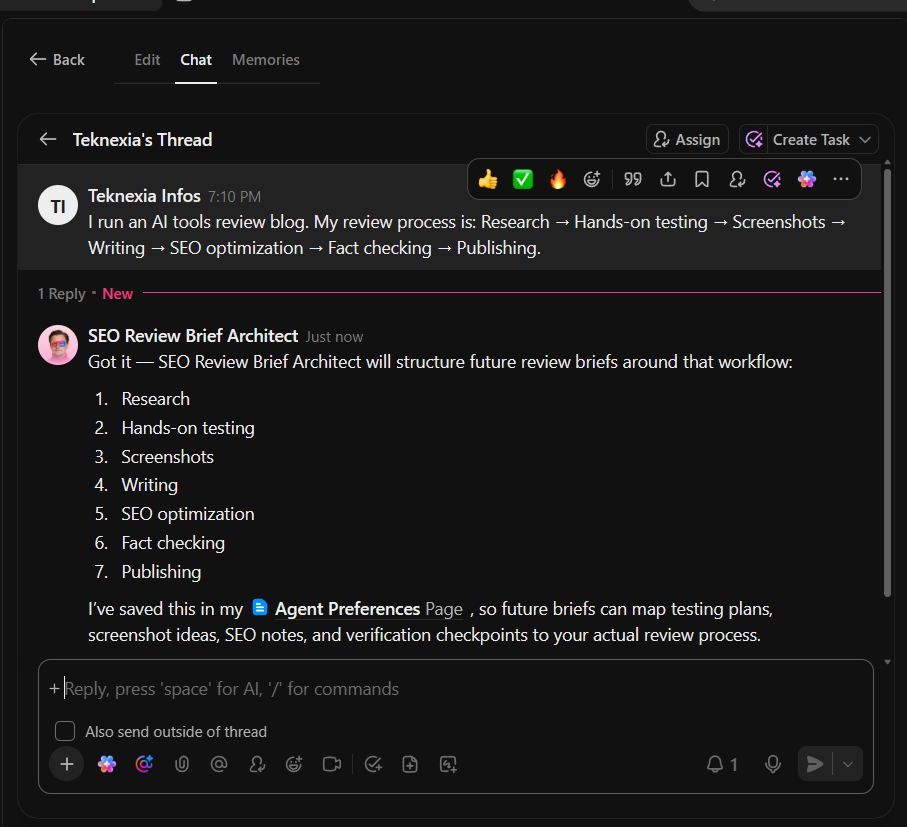 A ClickUp Brain chat thread reply summarizing the user's editorial workflow (Research, Hands-on testing, Screenshots, Writing, SEO, Fact checking, Publishing) and confirming it was saved to an Agent Preferences page