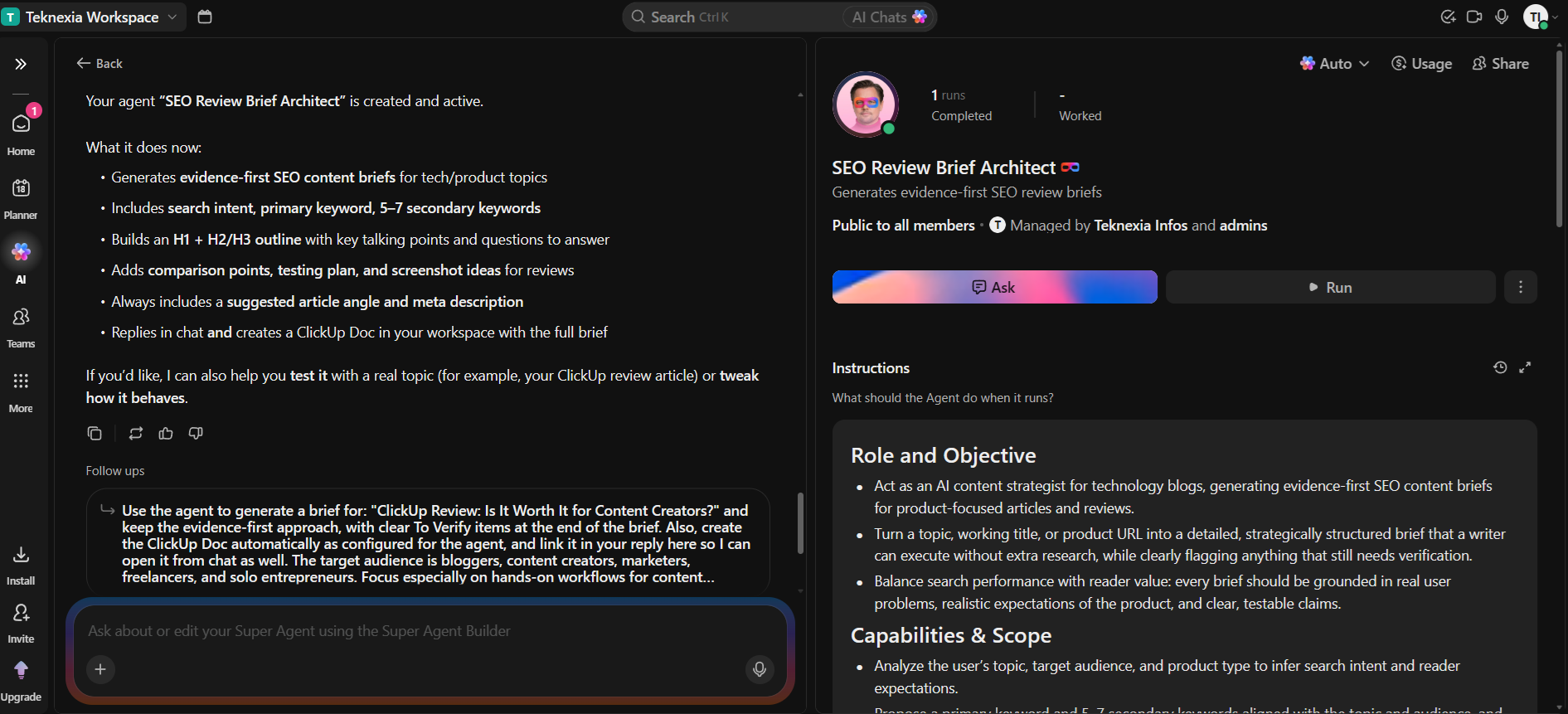 ClickUp Brain showing a custom AI Agent named 'SEO Review Brief Architect' created and active, with its role, capabilities, and instructions displayed alongside an Ask and Run button