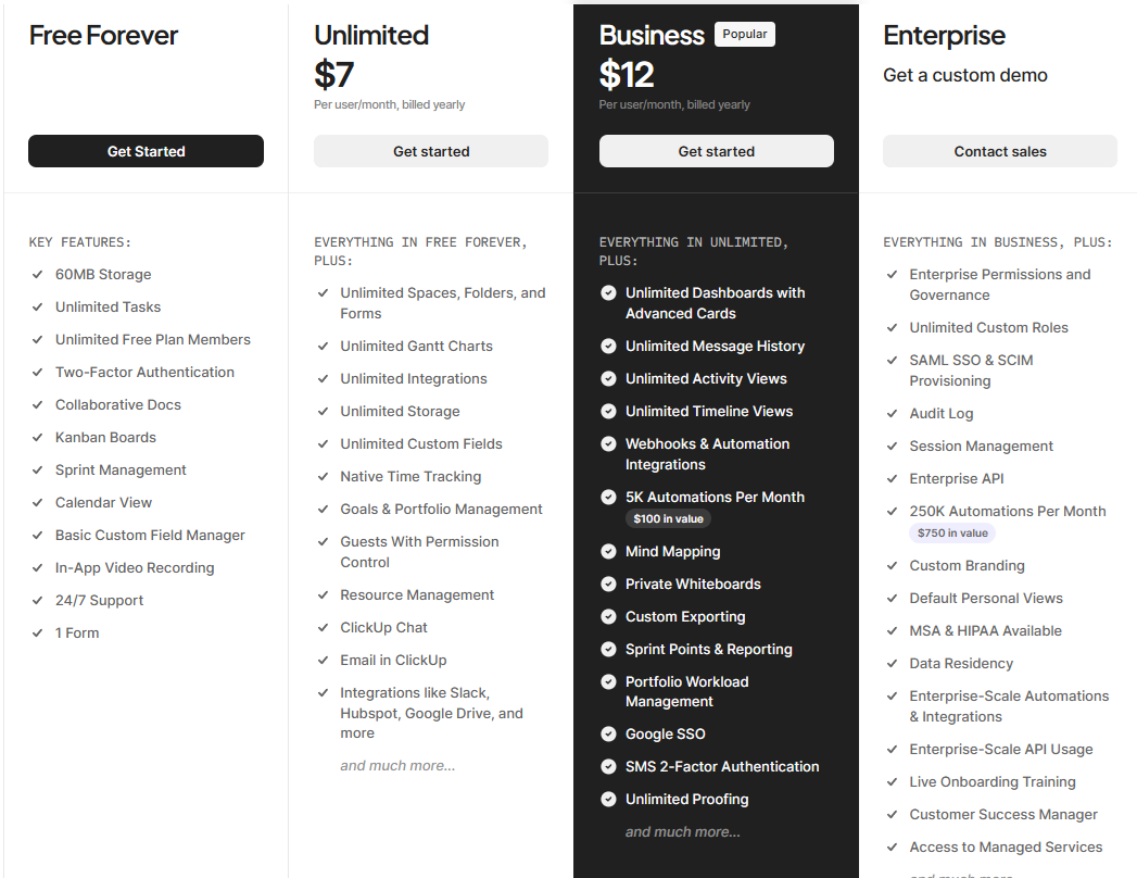 ClickUp's pricing page showing Free Forever at $0, Unlimited at $7 per user per month, Business at $12 per user per month marked Popular, and Enterprise with a custom demo