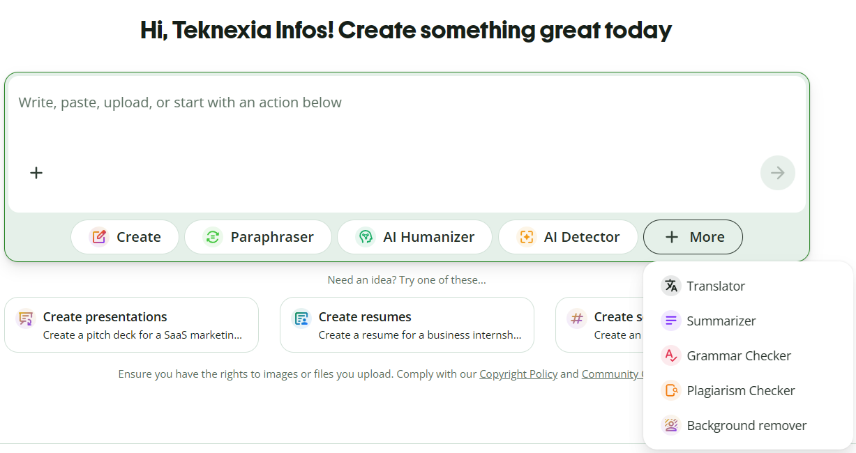 QuillBot's main dashboard showing quick-access tools for Create, Paraphraser, AI Humanizer, and AI Detector, plus a More menu with Translator, Summarizer, Grammar Checker, Plagiarism Checker, and Background Remover