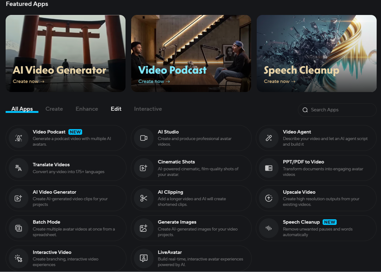HeyGen's Featured Apps page listing AI Video Generator, Video Podcast, Speech Cleanup, AI Studio, Video Agent, Translate Videos, Cinematic Shots, PPT/PDF to Video, Batch Mode, Interactive Video and LiveAvatar