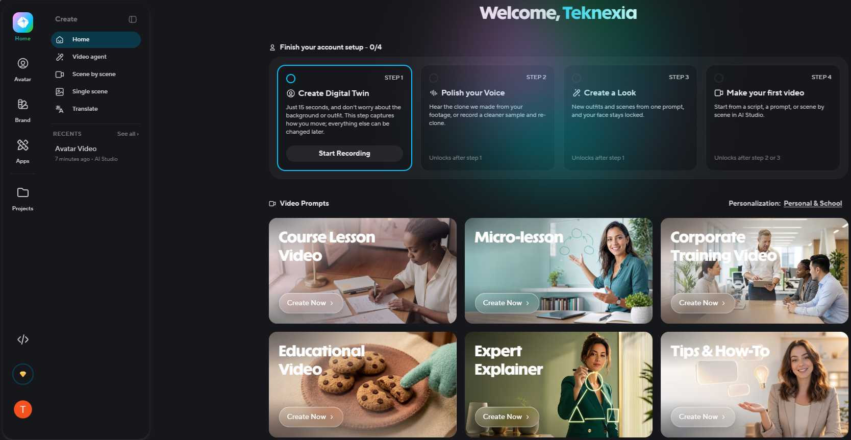 HeyGen's home page after signing in, with a four-step account setup checklist (Create Digital Twin, Polish your Voice, Create a Look, Make your first video) and video prompt templates