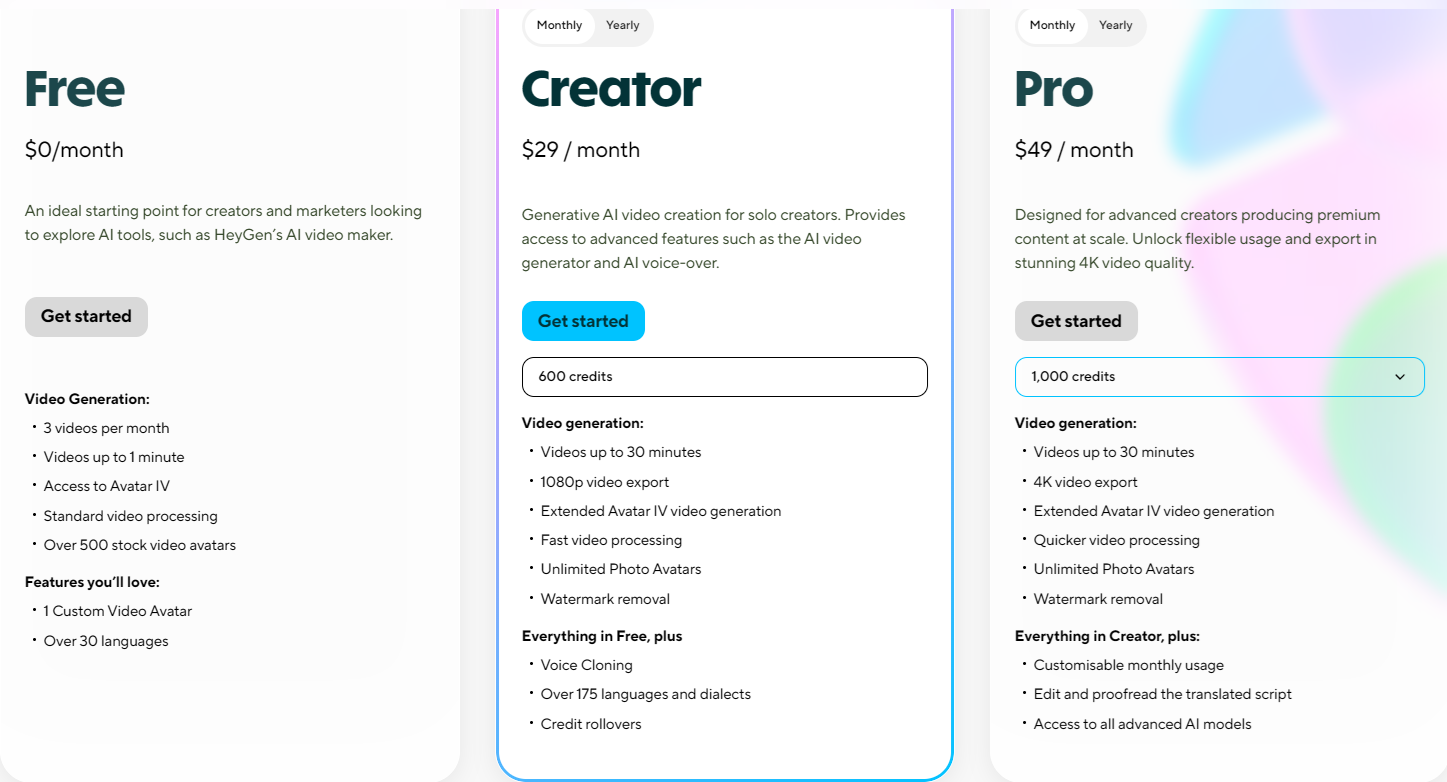 HeyGen's pricing page showing the Free plan with 3 videos per month, Creator at 29 dollars per month with 600 credits, and Pro at 49 dollars per month with 1,000 credits