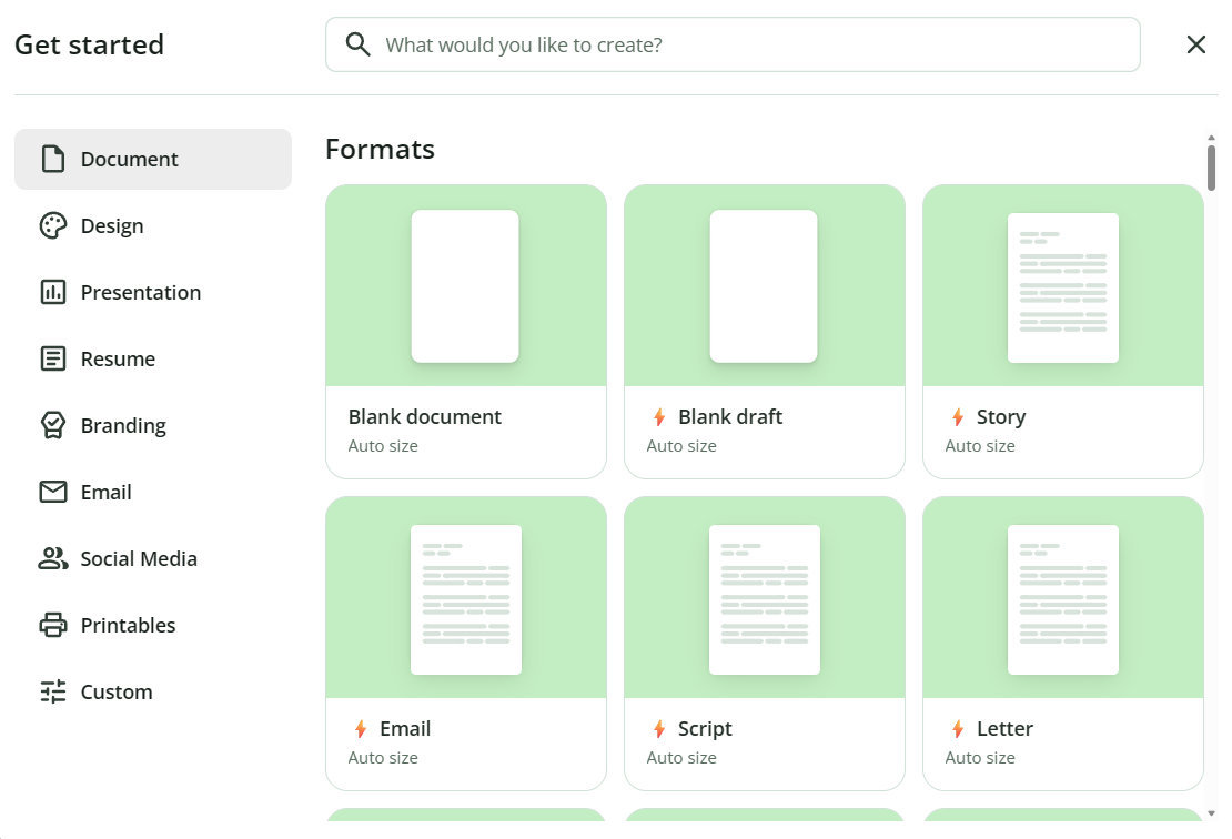 QuillBot's Get Started template menu showing categories for Document, Design, Presentation, Resume, Branding, Email, Social Media, and Printables, each with starter templates