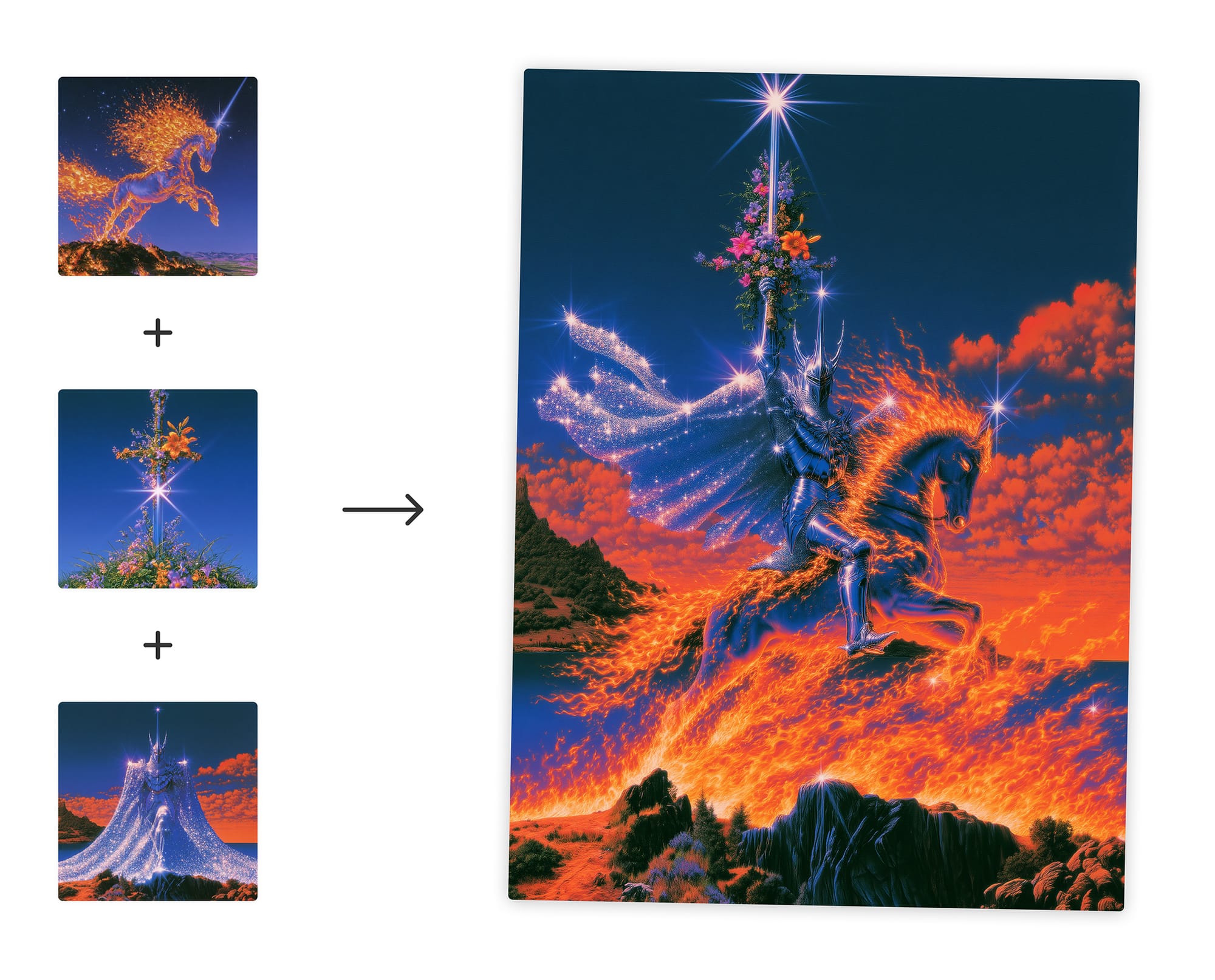 Official Midjourney graphic showing three reference images combined into one new image with the V8.2 edit model