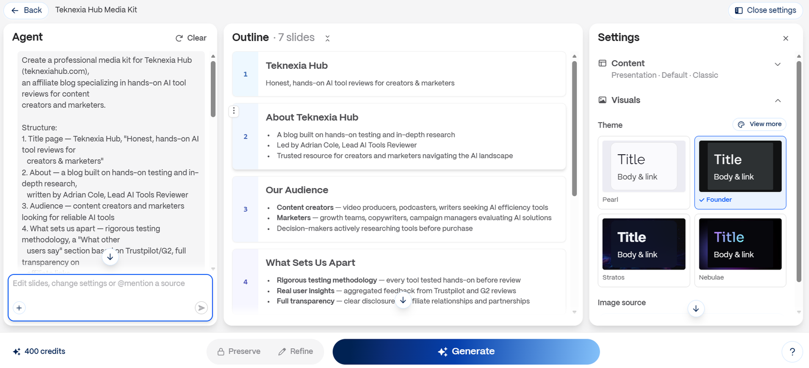 Gamma's Generate mode showing the Agent panel with a written prompt for a Teknexia Hub media kit, a 7-slide outline, a selected theme, and 400 credits available before generating