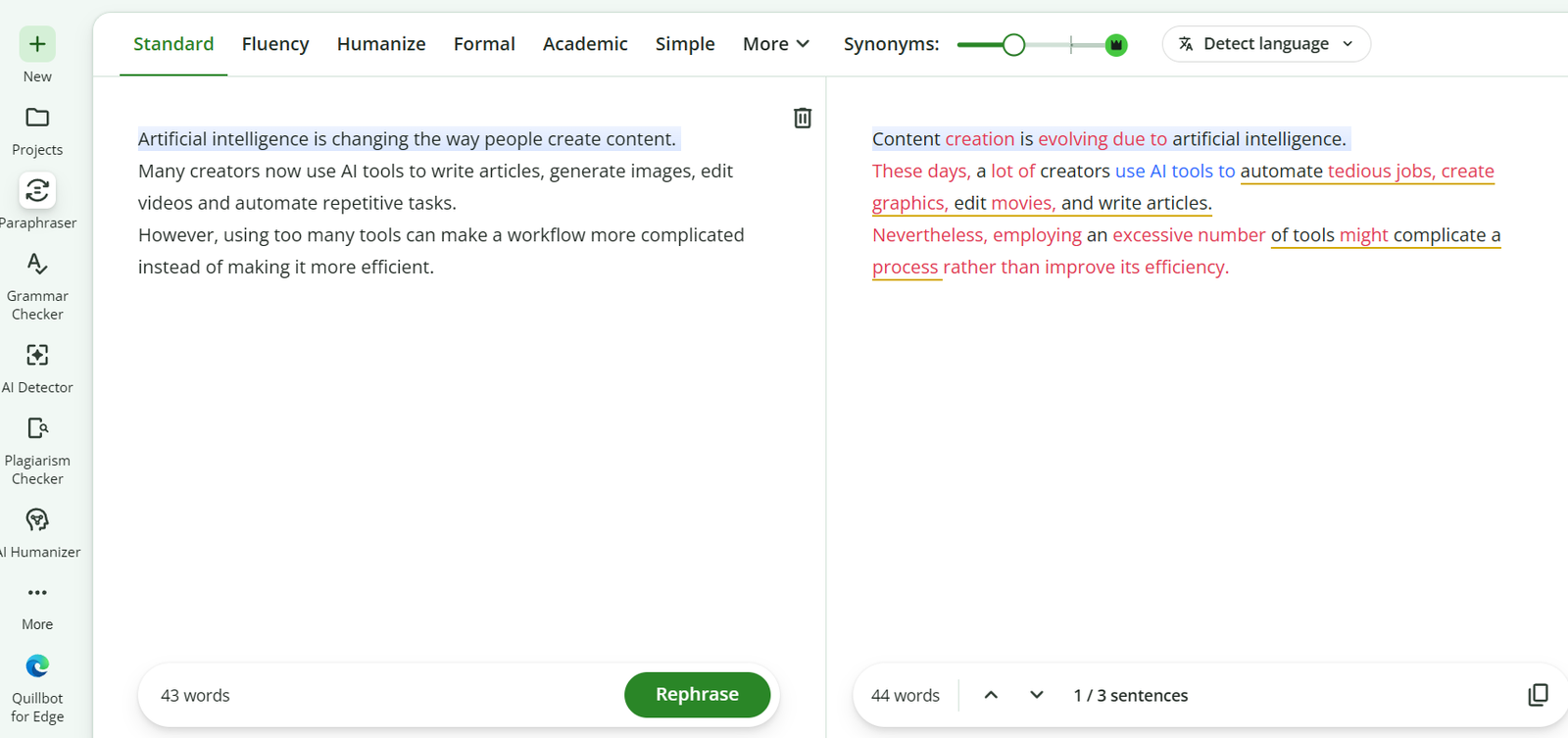 QuillBot's Paraphraser tool showing an original paragraph on the left and a reworded version on the right, with Standard, Fluency, Humanize, Formal, Academic, and Simple modes available as tabs