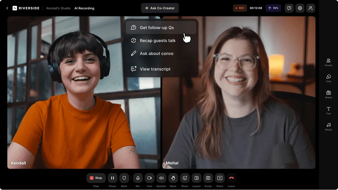 Official Riverside product image of the recording studio with two guests and the Ask Co-Creator menu