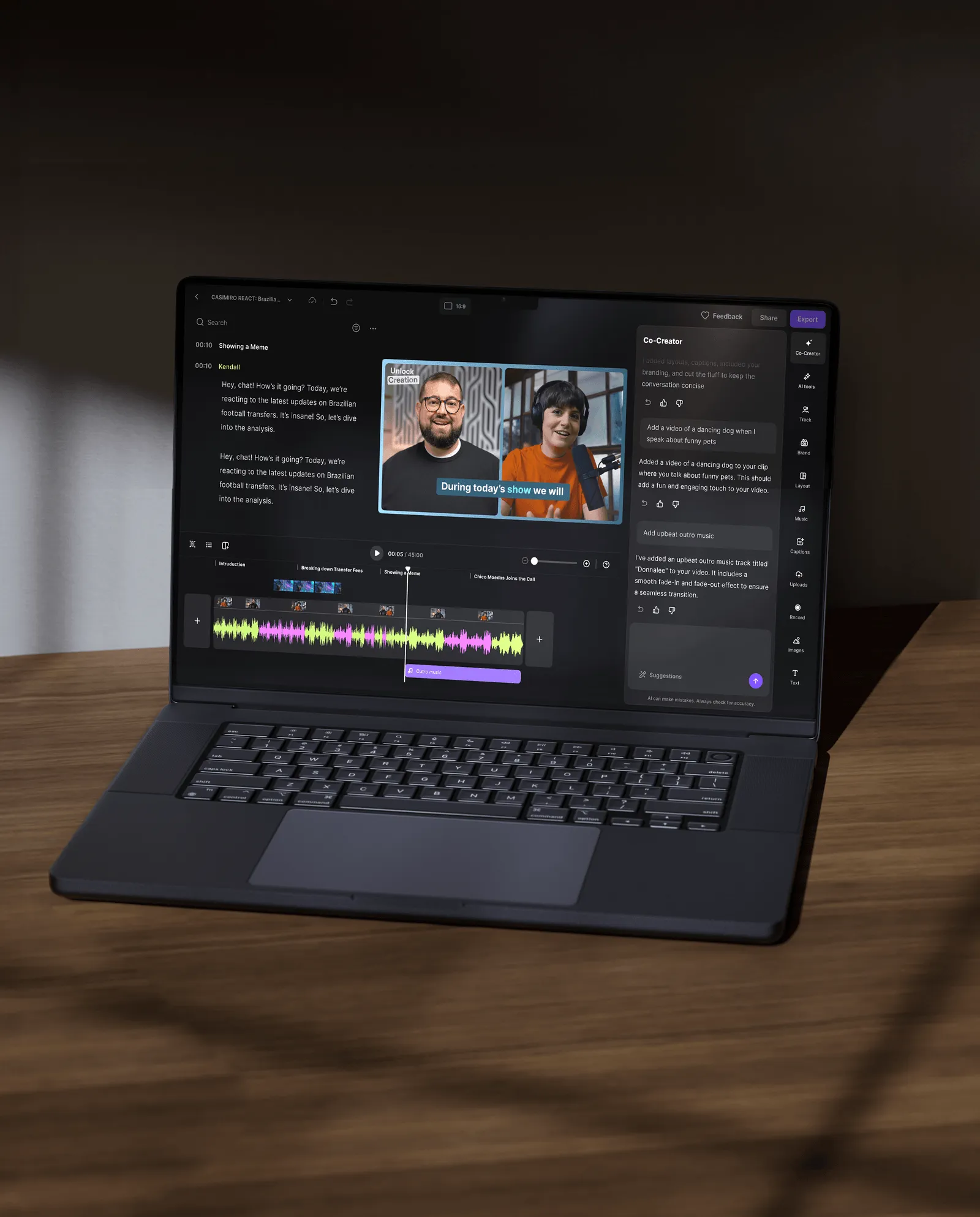 Official Riverside product image of the editor with transcript, timeline and Co-Creator chat panel on a laptop