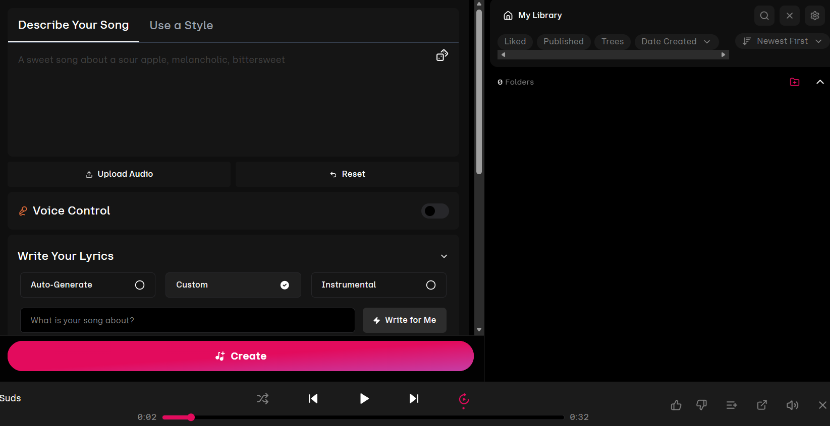 Udio's Describe Your Song tab, showing a text prompt field, lyric options (Auto-Generate, Custom, Instrumental), a Voice Control toggle, and a Create button