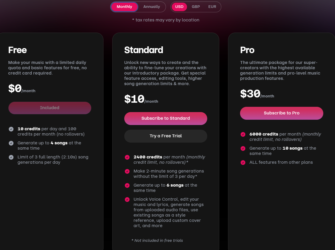 Udio's pricing page showing Free at $0 per month, Standard at $10 per month, and Pro at $30 per month, with credit allowances and feature lists for each tier