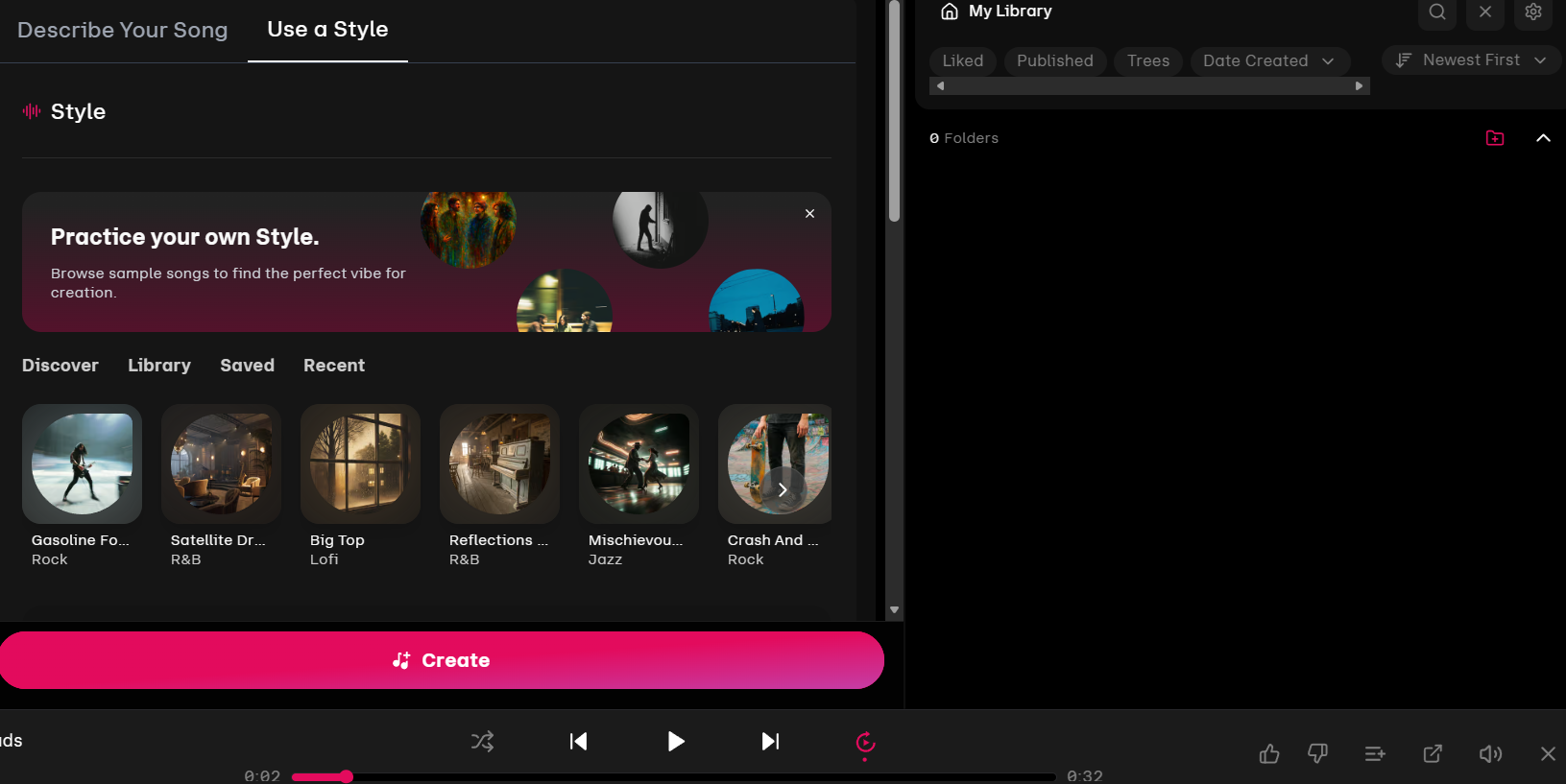 Udio's Use a Style tab, showing sample songs organized by genre (Rock, R&B, Lofi, Jazz) under Discover, Library, Saved, and Recent tabs